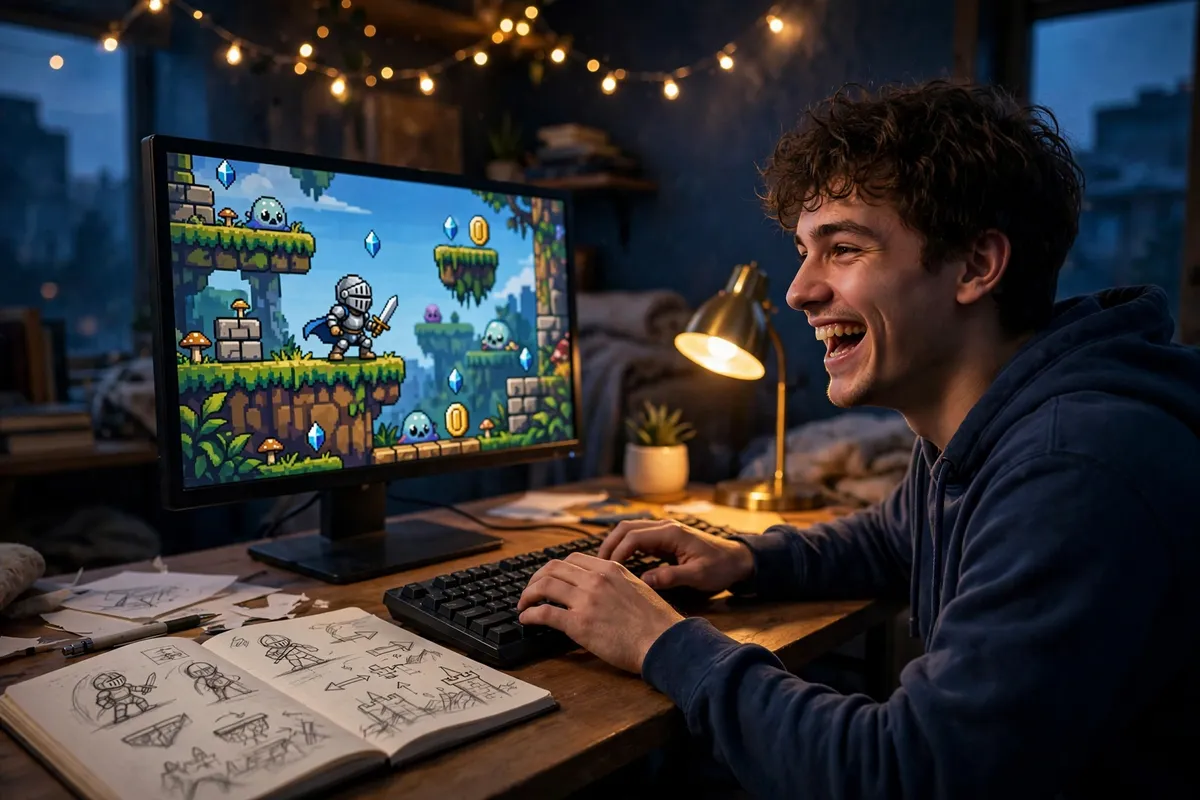 A student playing the game he built, in Vibe Coding Video Games at Starvard