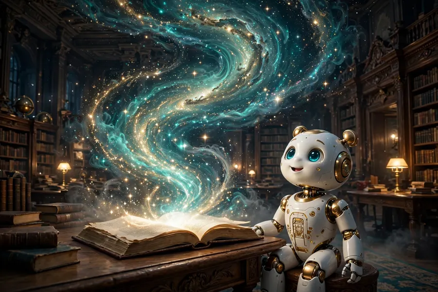 A friendly robot in the Starvard library, watching a galaxy of words rise from a book
