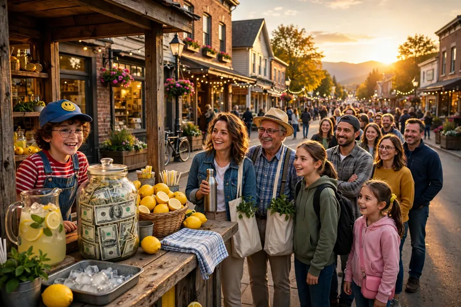 A kid’s lemonade stand at golden hour, doing booming business