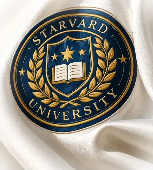 The Starvard University seal, embroidered in navy and gold on white silk